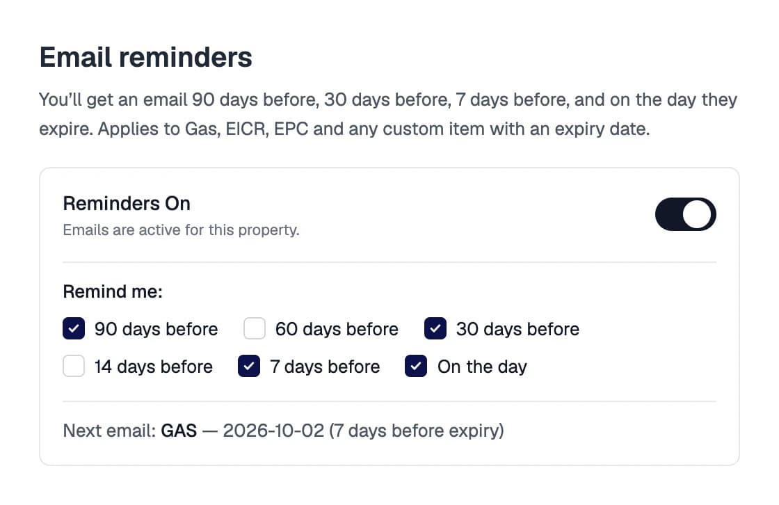 Email reminder settings with the available warning periods for a property.
