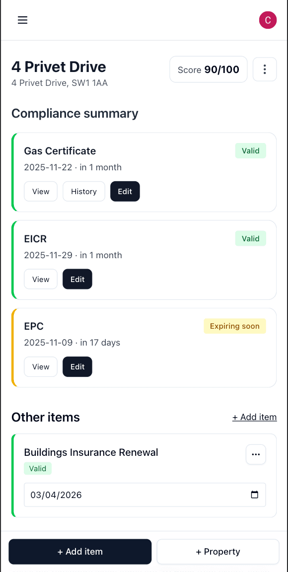 Mobile property view with certificates